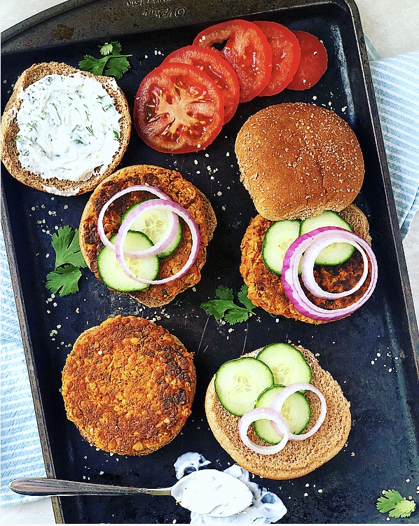 Harissa Red Lentil Patties with Herbed Yogurt Sauce