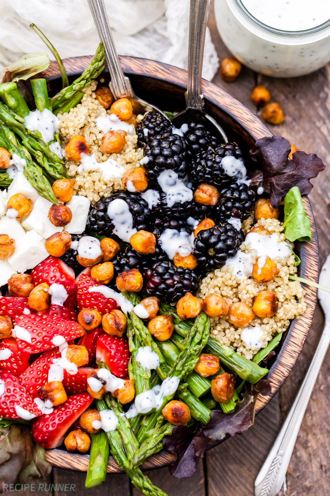 Berry, Asparagus, Quinoa and Feta Salad with Sweet Crispy Chickpeas