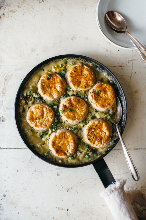 A Big Green Cobbler with Leeks, Gruyere, and Split Peas