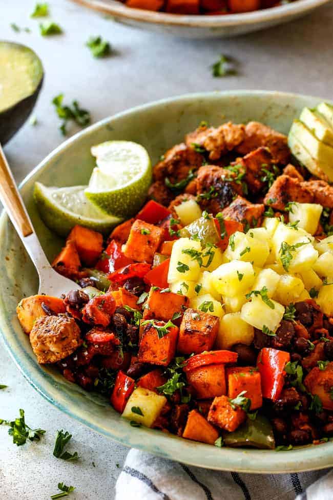Cajun Chicken Black Bean Bowls with Avocado, Sweet Potatoes and Pineapple