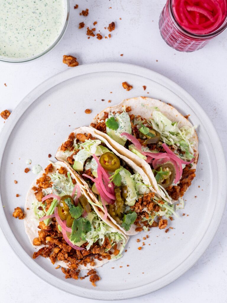 Chickpea Walnut Tacos with Creamy Cilantro Sauce