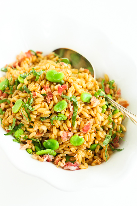 Warm Fava Bean Kamut Salad with Pancetta Basil Dressing