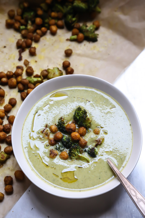 Creamy Vegan Broccoli Soup with Curried Chickpeas