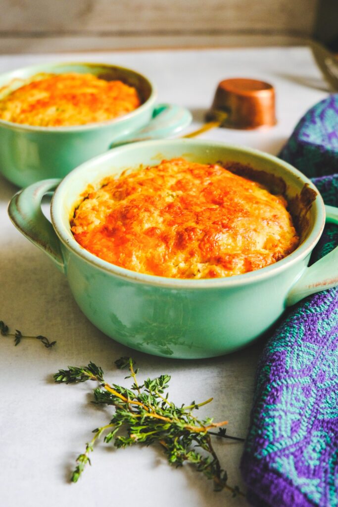 Chicken and Green Split Pea Pot-Pie with Scallion Cheddar Biscuits