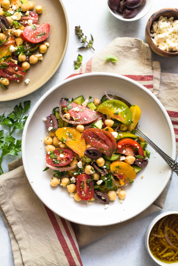 Greek Salad with Chickpeas and Heirloom Tomatoes