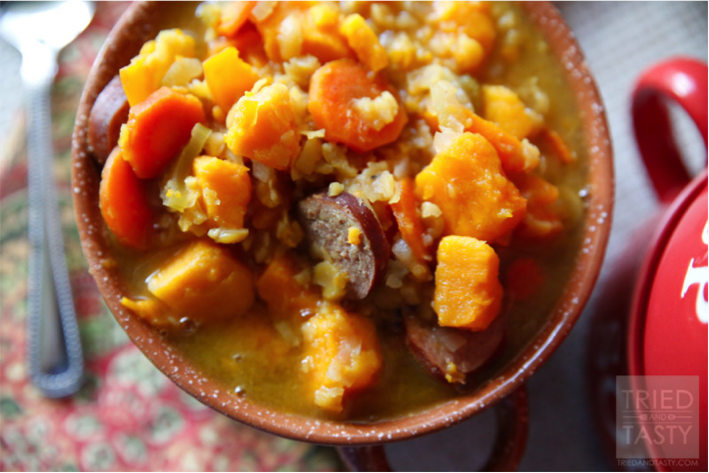 Hearty Split Pea Sausage and Sweet Potato Soup