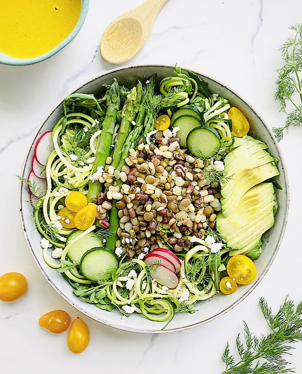 Spring Produce Bowl with Nutty Turmeric Dressing