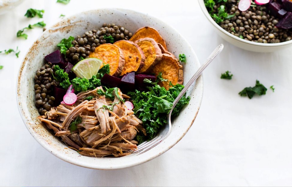 Lentil Rainbow Bowls with Citrus Shredded Pork