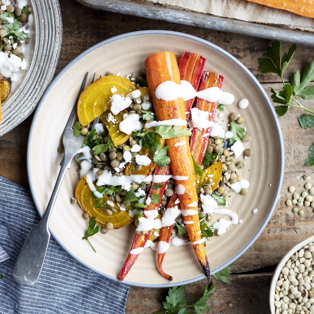 Lentils with Roasted Veggies and Yogurt Sauce