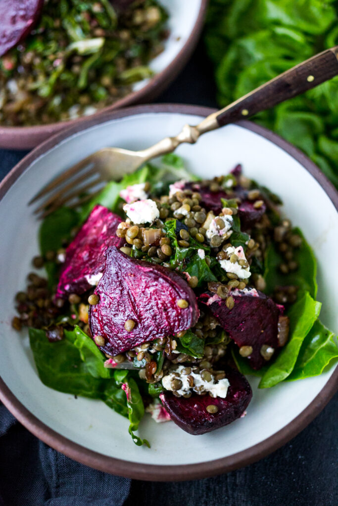 Warm Lentils with Wilted Chard, Roasted Beets and Goat Cheese