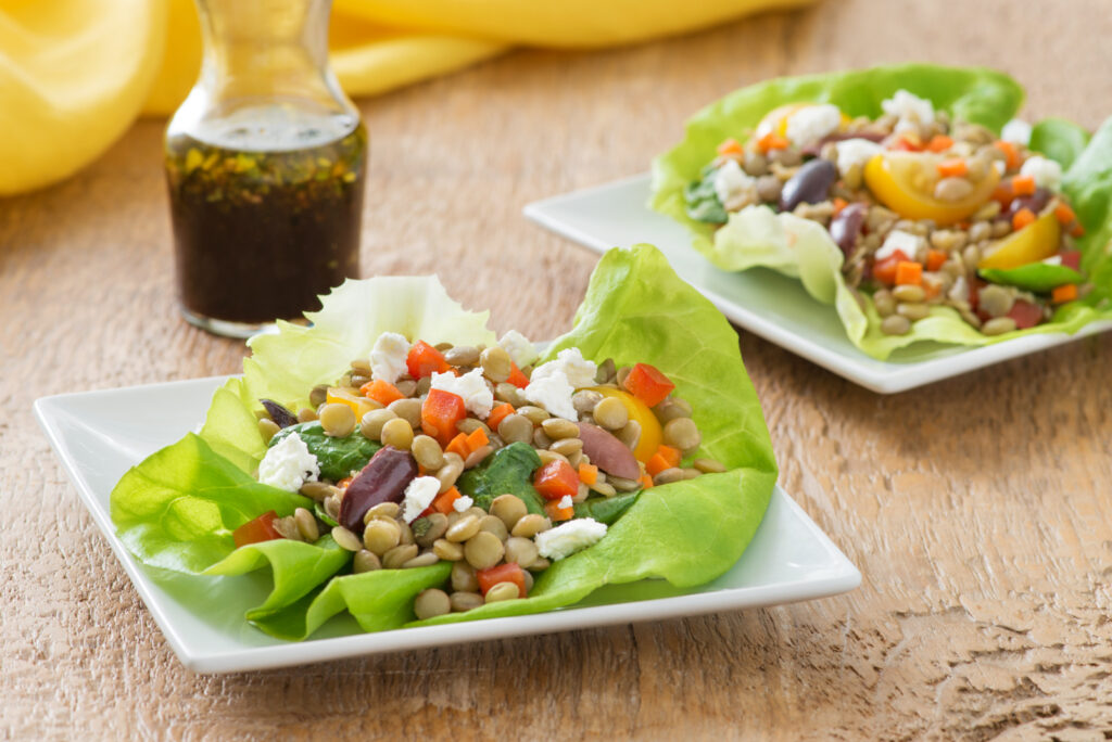 Vegetable Balsamic Lentil Salad in a Butter Lettuce Cup