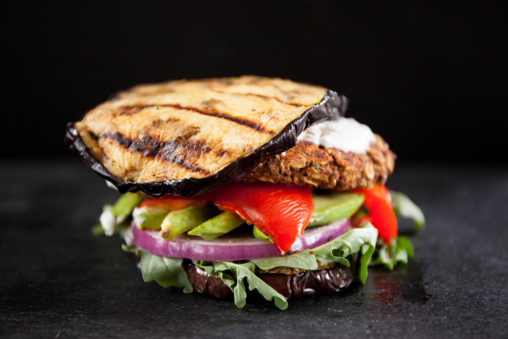 Mediterranean Black Bean Burgers with Grilled Eggplant Buns