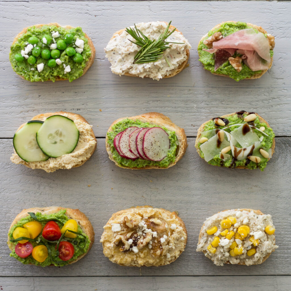 Mixed Crostini with Split Pea Pesto