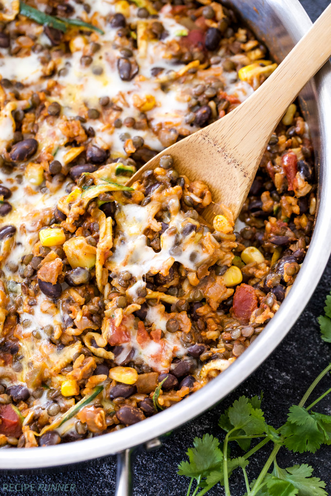 One Pot Cheesy Mexican Lentils with Black Beans and Rice