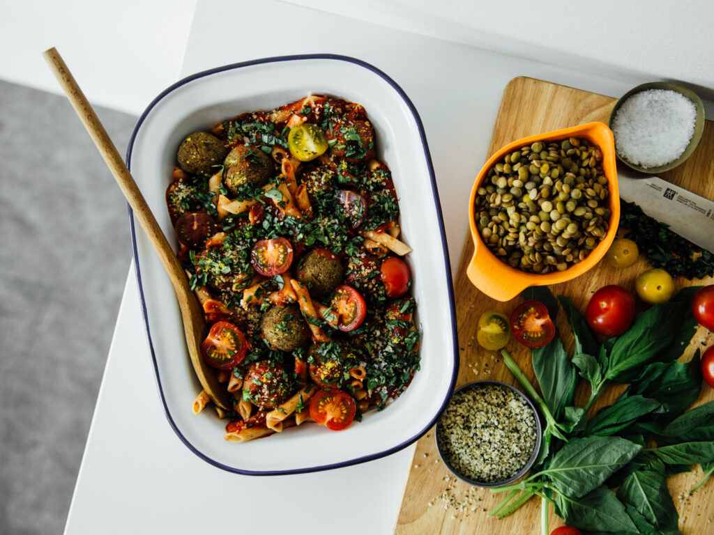 Penne with Red Sauce + Baked Lentil Balls