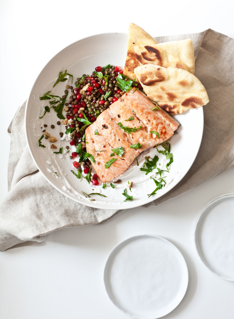 Pomegranate Lentil Salsa and Salmon Flatbread