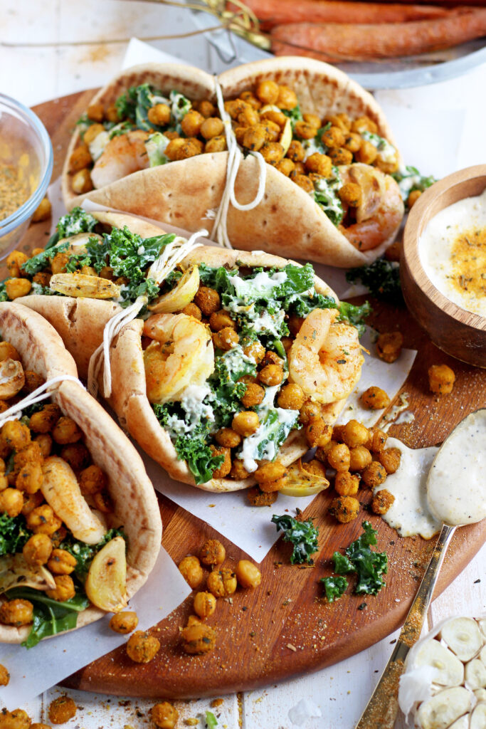 Roasted Chickpea and Garlic Caesar Salad Pitas