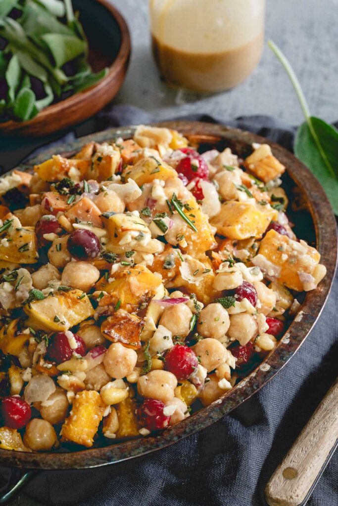 Roasted Sweet Potato, Squash and Chickpea Fall Salad with Maple Tahini Dressing