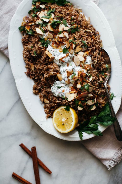 Shallot Mujadara with Herby Yogurt and Almonds