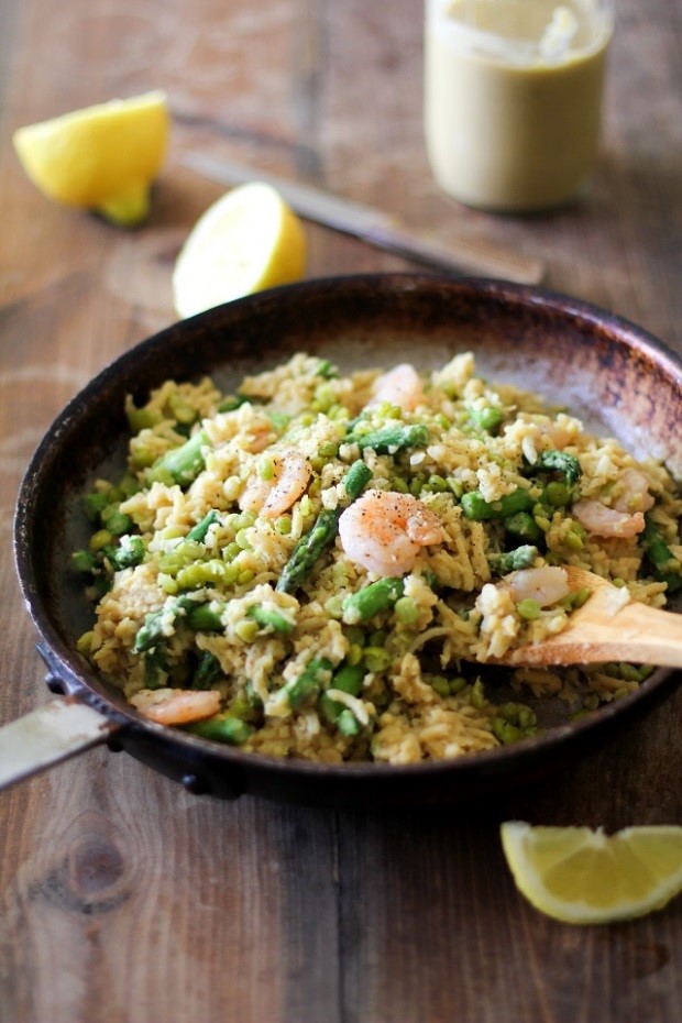 Shrimp and Asparagus Parsnip Risotto with Chickpea Alfredo Sauce and Split Peas