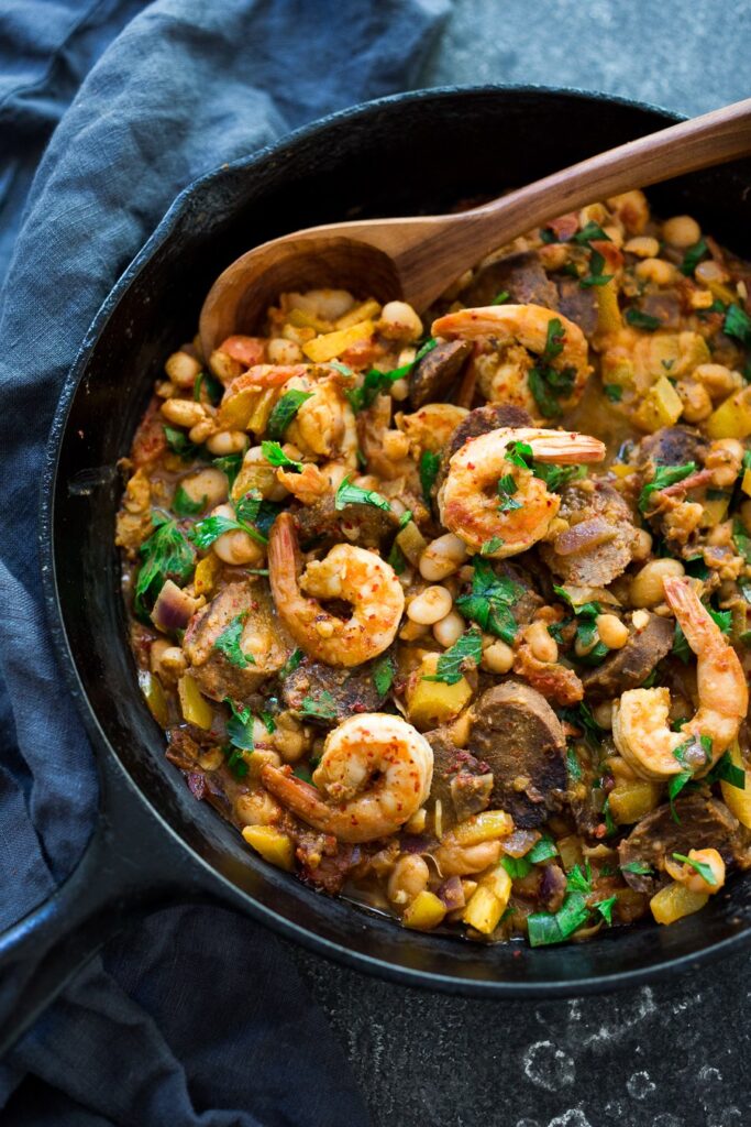 Spanish White Bean Shrimp Sausage Skillet
