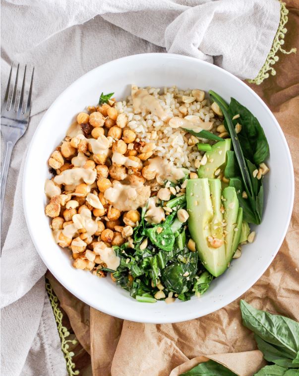 Vegan Spicy Peanut Chickpea Bowls with Sesame Greens