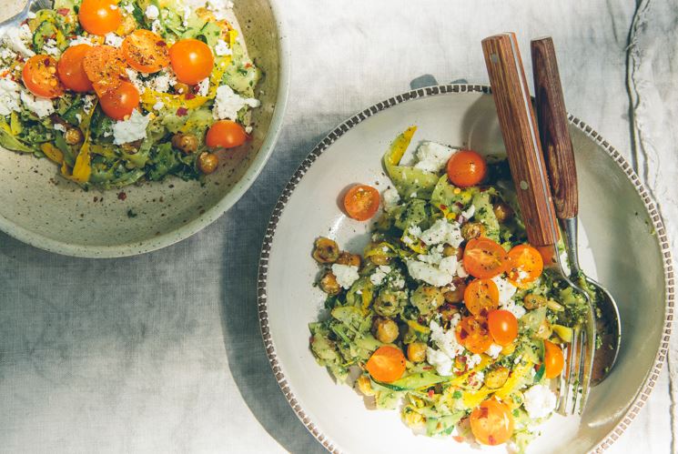 Summer Squash Pasta with Pesto and Chickpeas