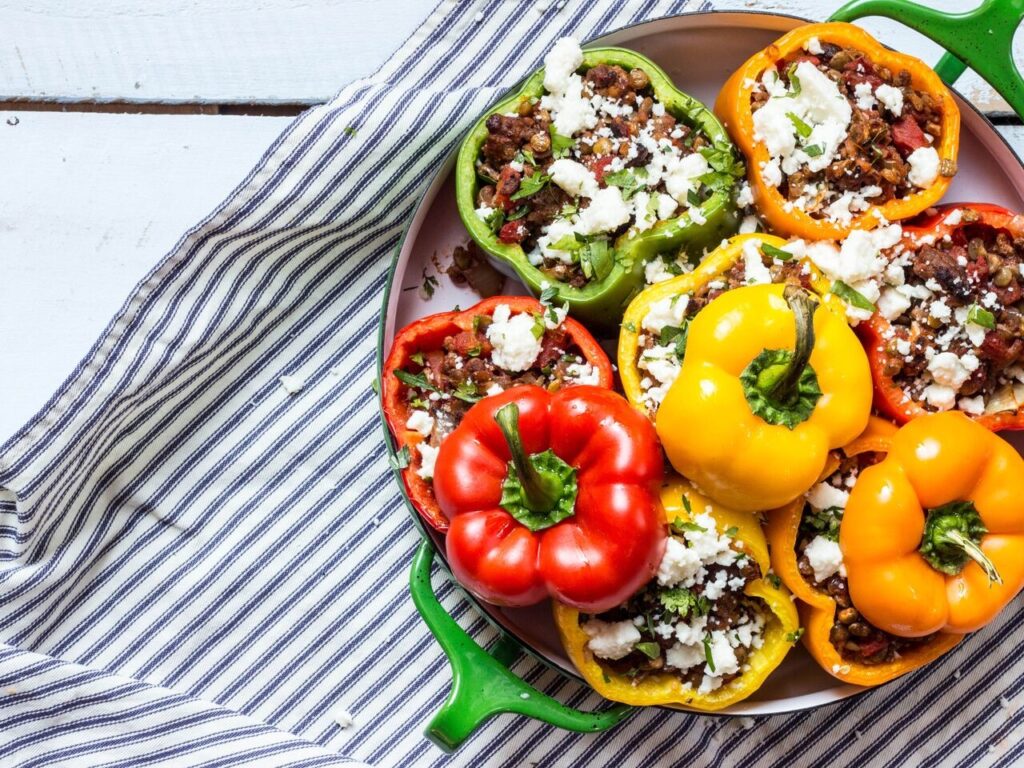Stuffed Roasted Peppers with Lentils, Beef and Mushrooms
