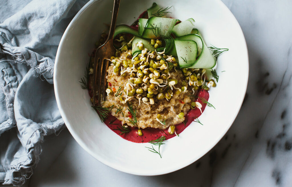 Sprouted Mung Bowl with Coconut Quinoa Beet Tahini