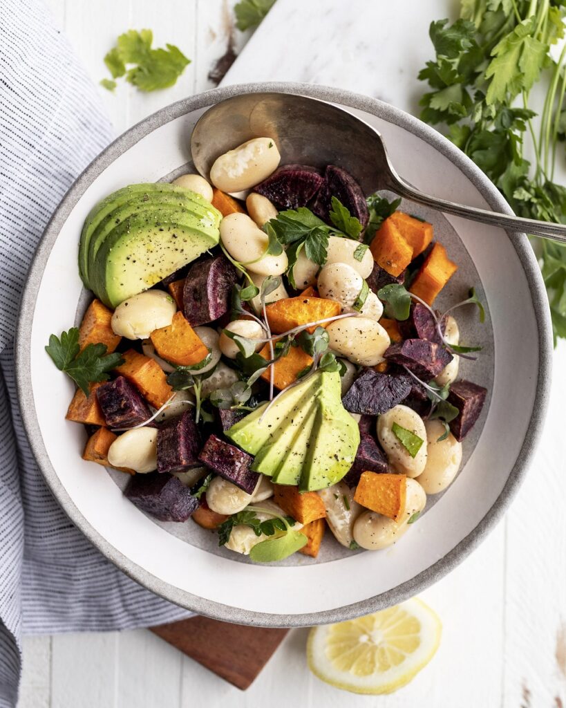 White Lima Bean Salad with Garlic and Sweet Potatoes