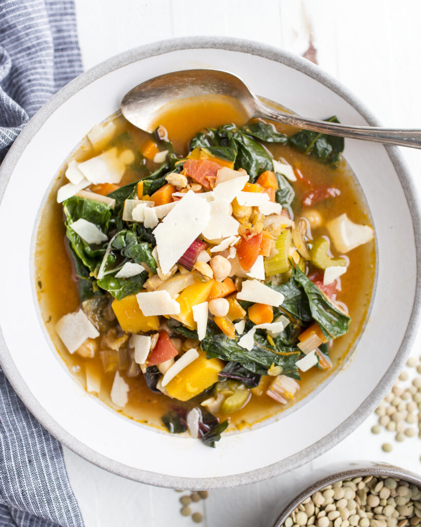 Winter Vegetable Soup with Swiss Chard, Lentils, and Chickpeas