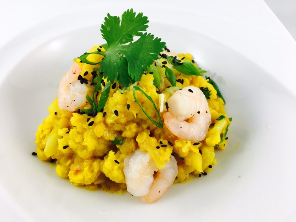 Turmeric Stewed Red Lentils & Cauliflower with Garlic Shrimp