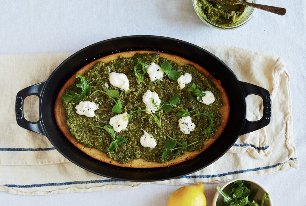 Chickpea Pizza with Arugula, Pistachio Nettle Pesto and Burrata