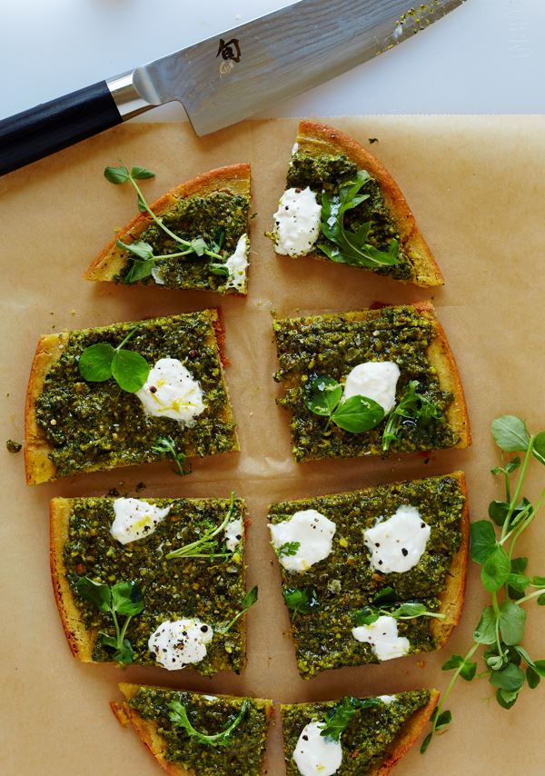 Chickpea Pizza with Pistachio Nettle Pesto