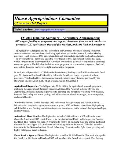 12 15 15 fy 2016 omnibus   agriculture   summary