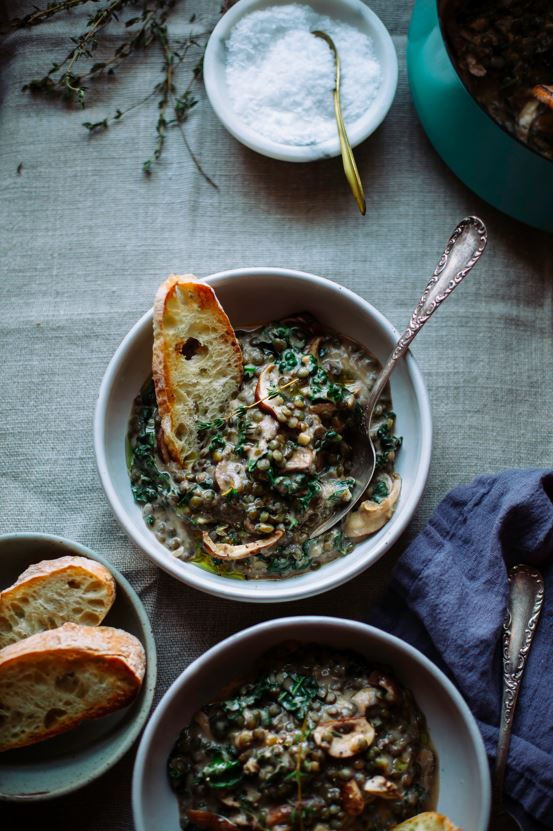 Creamy French Lentils with Mushrooms and Kale