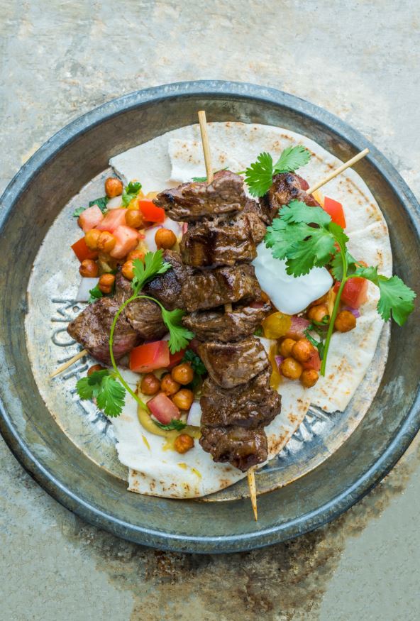 Beef Kebabs with Split Pea Hummus and Crispy Paprika Chickpeas