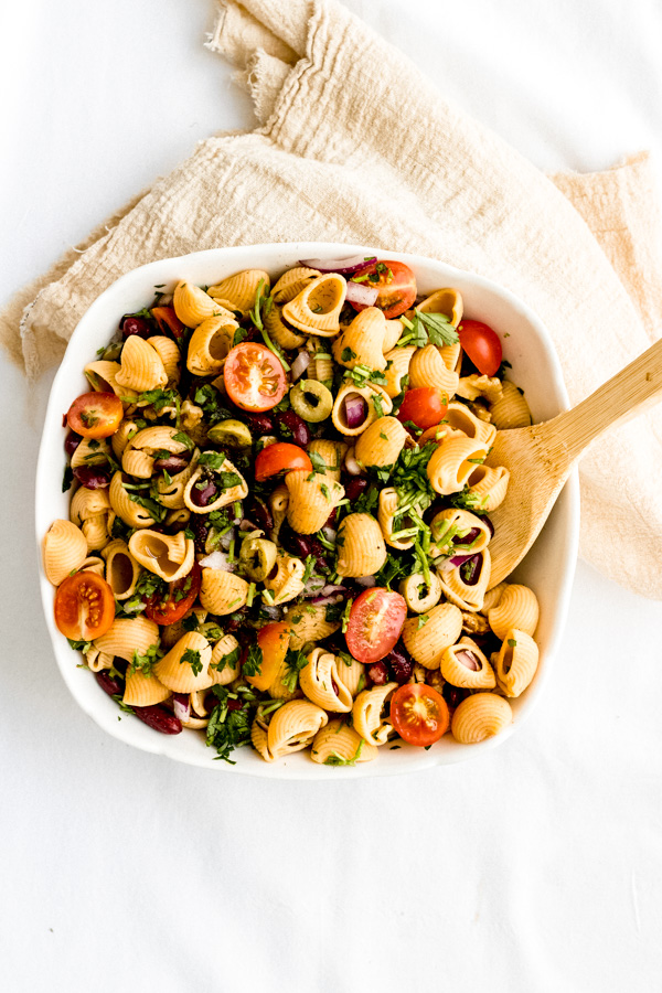 Kidney Bean Chickpea Pasta Summer Salad with Orange-Tahini Dressing