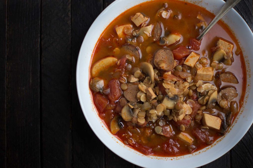 Smoky Sprouted Lentil Soup with Turkey and Andouille Sausage