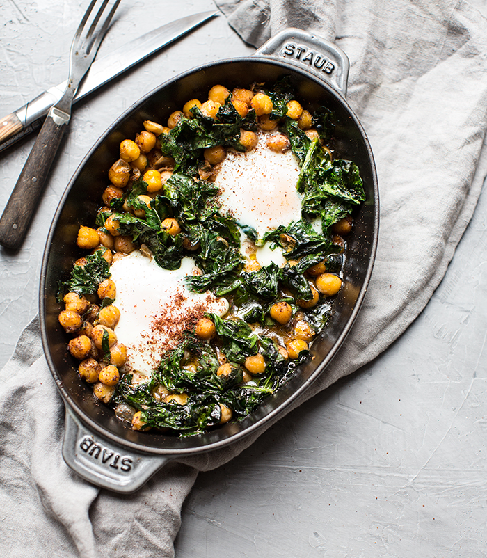 Olive Oil Baked Chickpeas with Eggs, Spinach and Sumac