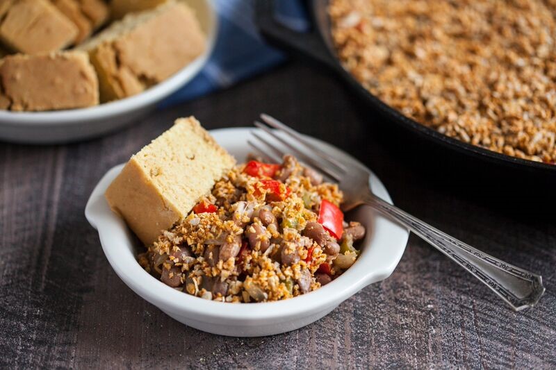 Pinto Bean Skillet Bake with Spicy Sunflower Oat Crumble Topping