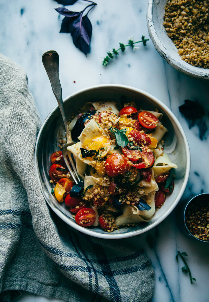 Rustic Pasta with Cheesy Chickpea Crumble and Heirloom Tomatoes