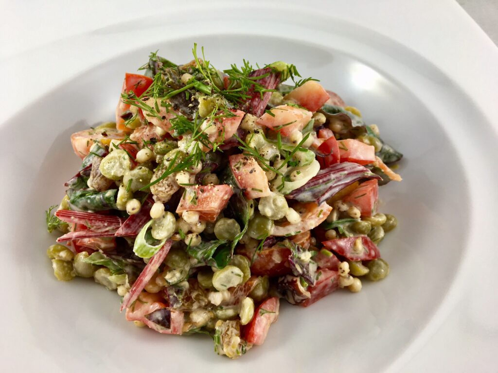 Split Pea & Sorghum Salad with Swiss Chard and Spiced Tahini Dressing