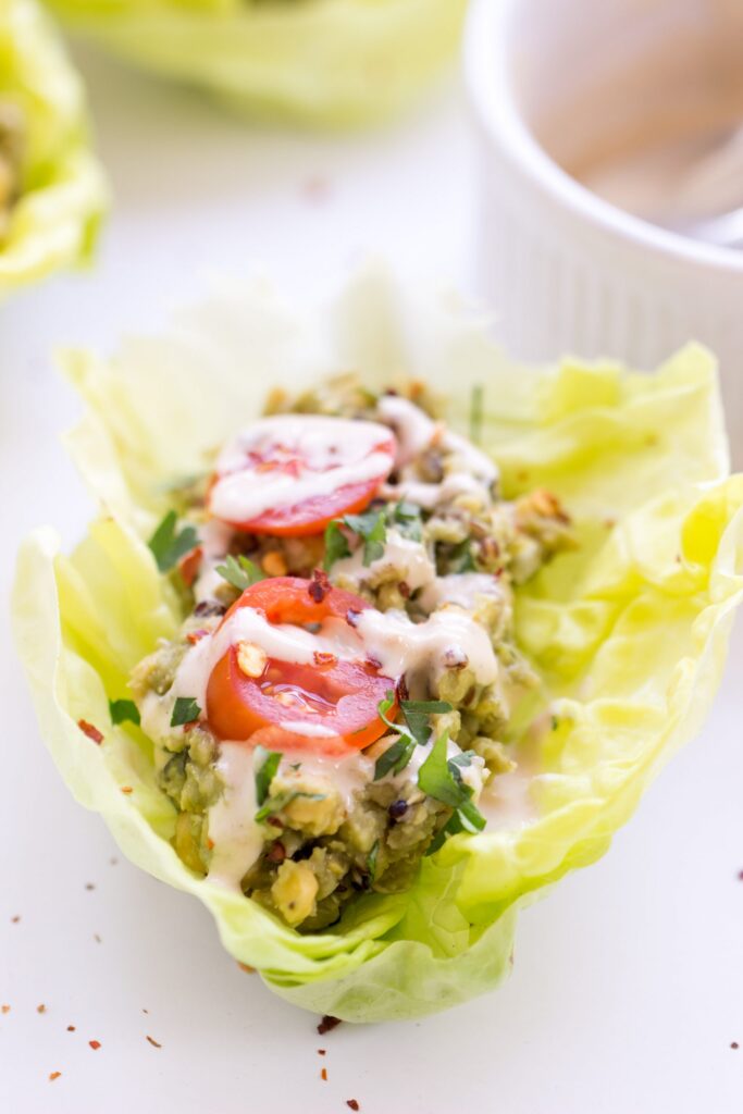 Smashed Chickpea, Avocado + Quinoa Lettuce Wraps