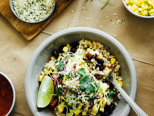 Spicy Black Bean Burrito Bowls with Cashew Hemp Seed Chipotle Sauce