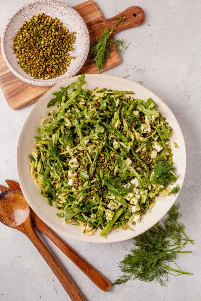 Spring Asparagus Salad with Crispy Split Peas and Dill Pesto Vinaigrette