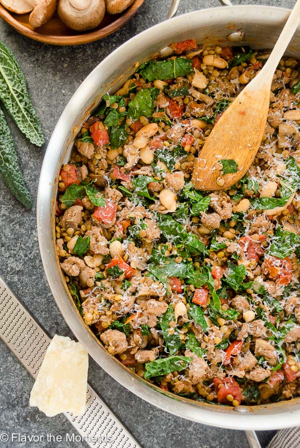 Tuscan Sausage, Wild Mushroom, Kale and Lentil Skillet