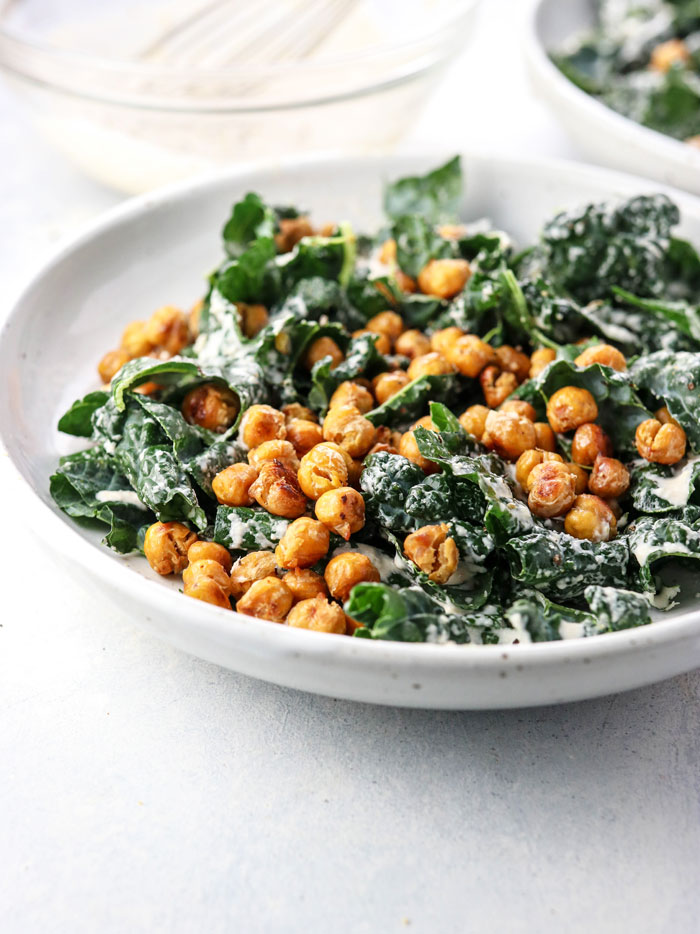 Vegan Kale Caesar Salad with Garlic Roasted Chickpeas