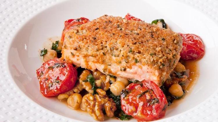 Walnut Crusted Salmon with Stewed Chickpeas and Kale