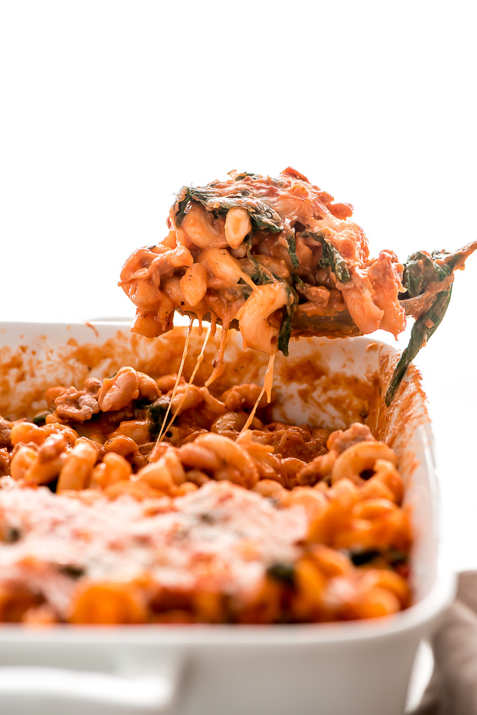 White Bean, Sausage, Pumpkin Pasta Bake